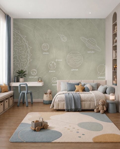 Fototapety Układ słoneczny w minimalistycznym stylu na chłodnym beżowym teksturowanym tle, Fototapety Kosmos, w02344 : Uwalls.pl