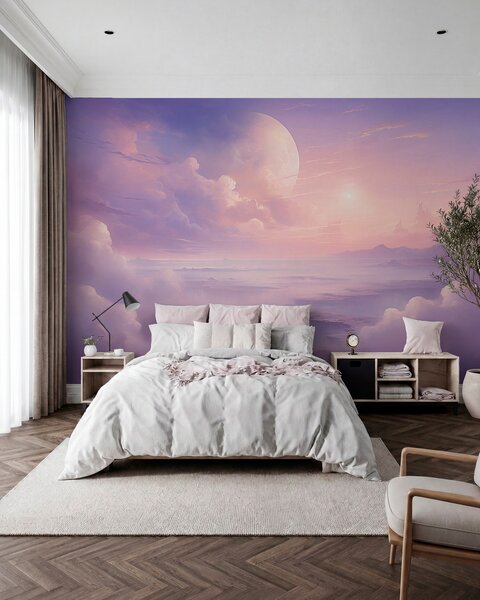 Fototapety Magiczne fioletowo-różowe niebo z księżycem i, Fototapety Młodzieżowe, Fototapety dla nastoletnich dziewcząt, w08986 : Uwalls.pl