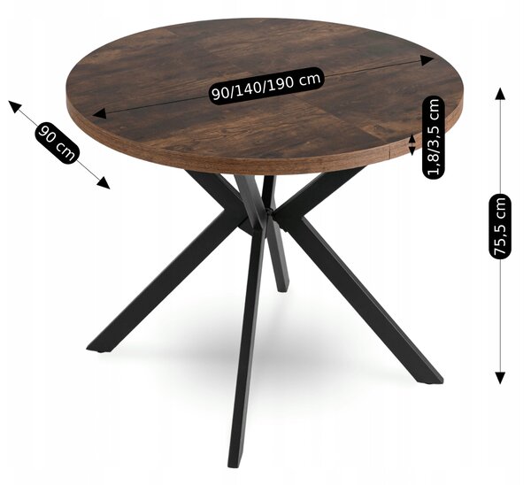 Stół Okrągły Rozkładany LUGO 90-190 cm Dąb Rustykalny/Czarny Loft