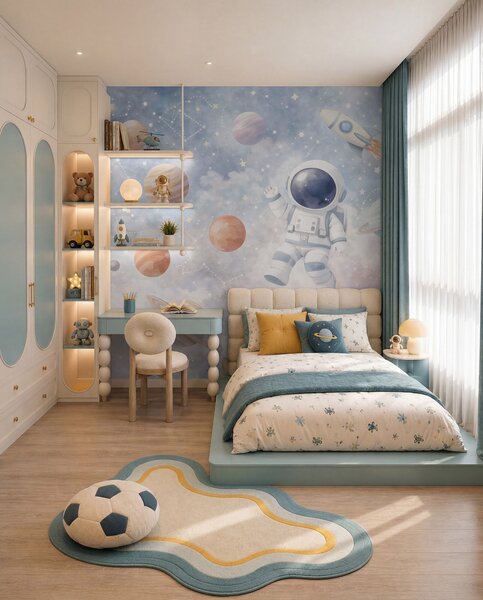 Fototapety mały astronauta wśród planet i gwiazd, Tapety Wyjątkowe, w05233 : Uwalls.pl