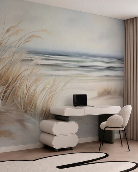 Fototapety Teksturowany krajobraz z suchą trawą na piaszczystej plaży, z oceanem i niebem w tle., Fototapety Natura, w09739 : Uwalls.pl