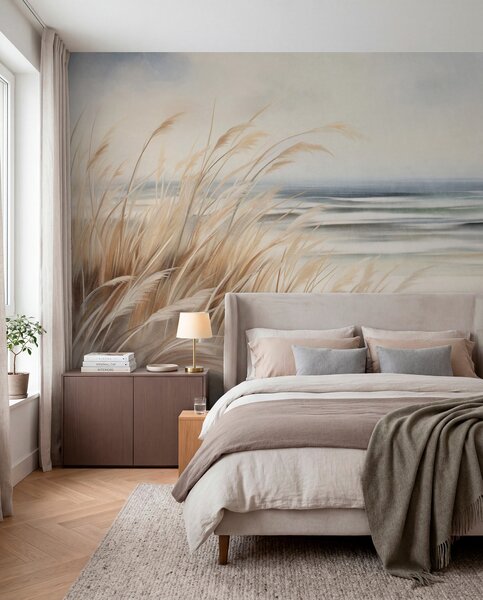 Fototapety Teksturowany krajobraz z suchą trawą na piaszczystej plaży, z oceanem i niebem w tle., Fototapety Natura, w09739 : Uwalls.pl