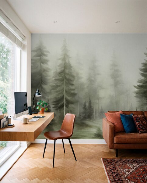 Fototapety Gęsty las z wysokimi sosnami w lekkiej mgle – obraz przedstawiający malowniczy krajobraz, Fototapety Natura, w09830v1 : Uwalls.pl