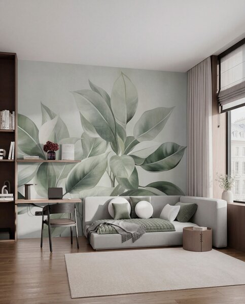 Fototapety Jasnozielone liście na jasnym, delikatnym tle, styl boho z wyrazistą fakturą, Tapety Wyjątkowe, w09909 : Uwalls.pl