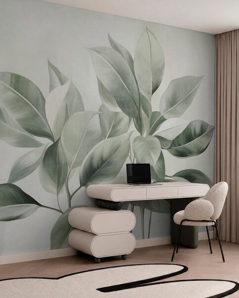 Fototapety Jasnozielone liście na jasnym, delikatnym tle, styl boho z wyrazistą fakturą, Tapety Wyjątkowe, w09909 : Uwalls.pl