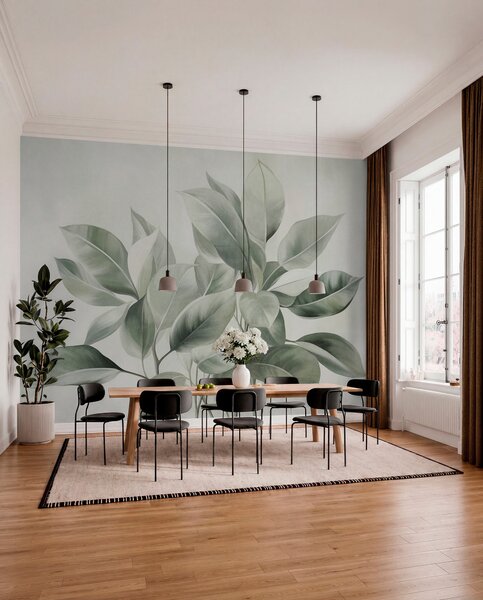 Fototapety Jasnozielone liście na jasnym, delikatnym tle, styl boho z wyrazistą fakturą, Tapety Wyjątkowe, w09909 : Uwalls.pl