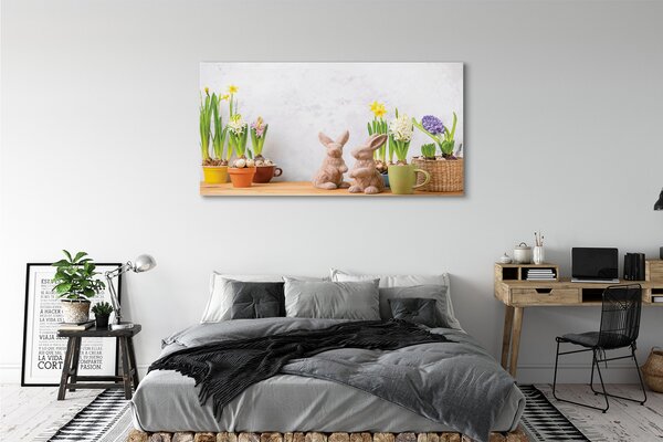 Obraz canvas na ścianę Kwiaty i Zające Wielkanocne