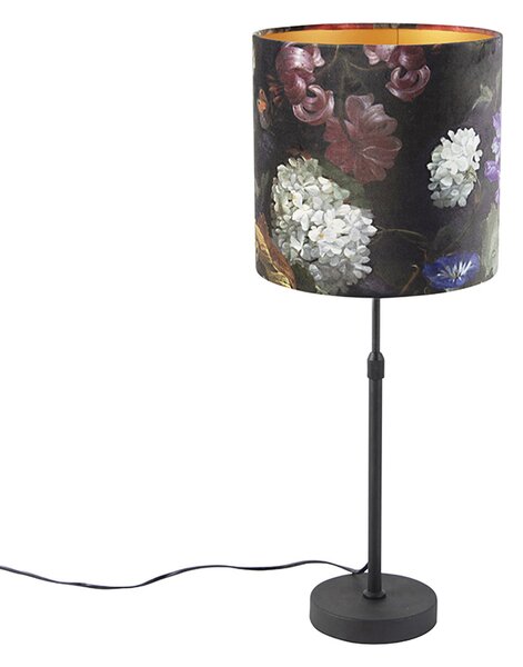 Lampa stołowa regulowana czarna klosz welurowy kwiaty 25cm - Parte Oswietlenie wewnetrzne