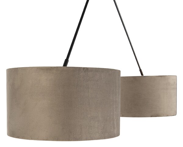 Lampa wisząca czarna z abażurami z weluru w kolorze taupe ze złotem 35 cm 2-światłowa - Blitz