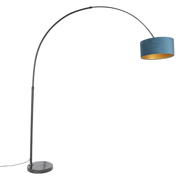 Lampa łukowa czarny abażur aksamitny niebieski ze złotem 50 cm - XXL