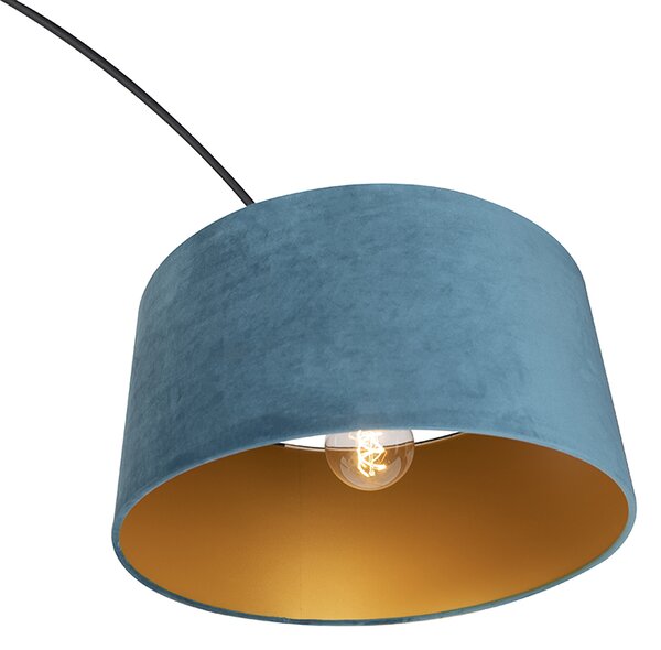Lampa łukowa czarny abażur aksamitny niebieski ze złotem 50 cm - XXL