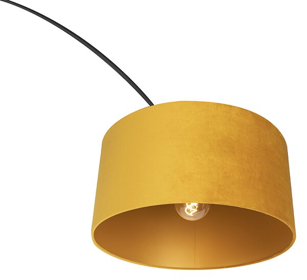 Lampa łukowa czarna z abażurem z weluru w kolorze ochry z dodatkiem złota 50 cm - XXL