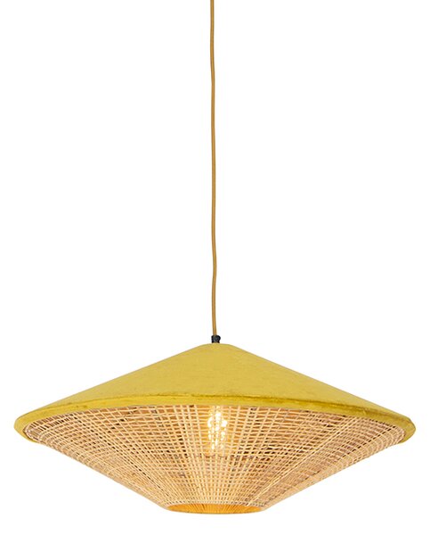 Retro lampa wisząca welur żółta wiklina 60cm - Frills Can Oswietlenie wewnetrzne
