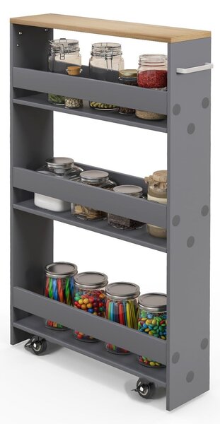 Wózek kuchenny i półka ścienna o bardzo wąskiej konstrukcji (13 cm), 4 półki z metalowymi, uniwersalnymi rolkami i uchwytami, łatwy montaż. Wózek kuchenny, półka (szara)