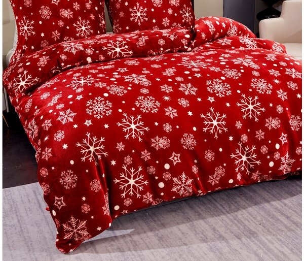 Zestaw pościeli z mikropluszu SNOWFALL czerwony + prześcieradło z mikropluszu SOFT 180x200 cm białe, podwójne łóżko