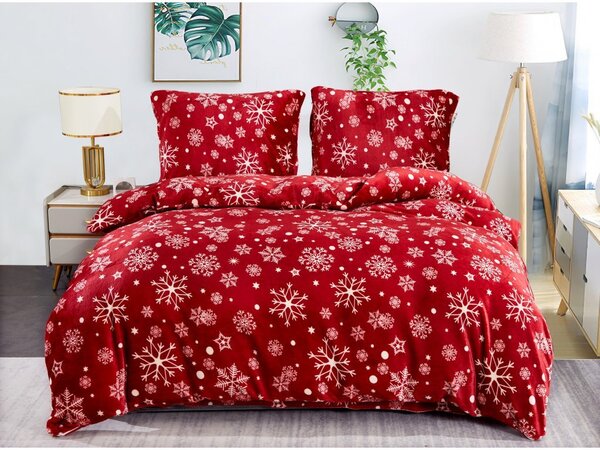 Zestaw pościeli z mikropluszu SNOWFALL czerwony + prześcieradło z mikropluszu SOFT 180x200 cm białe, podwójne łóżko