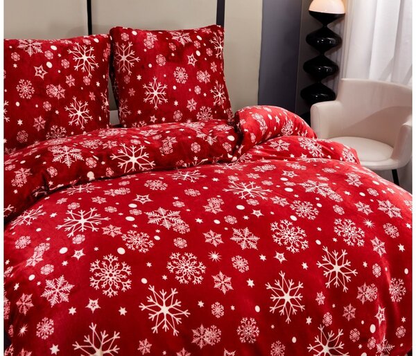 Zestaw pościeli z mikropluszu SNOWFALL czerwony + prześcieradło z mikropluszu SOFT 180x200 cm białe, podwójne łóżko