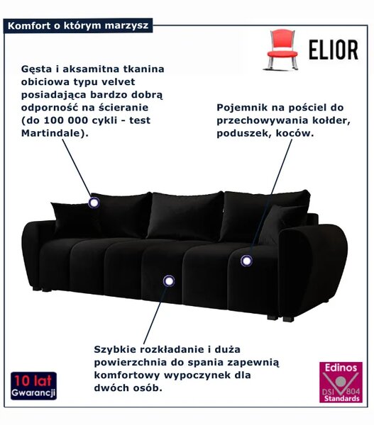 Czarna welurowa nowoczesna sofa rozkładana K3-C47