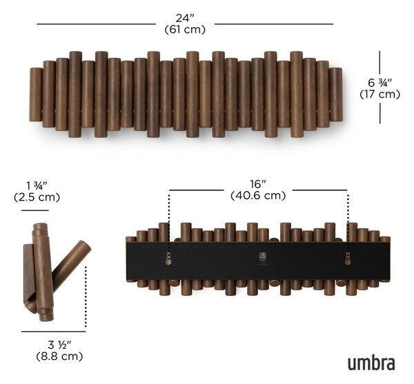 Ciemnobrązowy wieszak ścienny z litego drewna sosnowego 61 cm Picket – Umbra