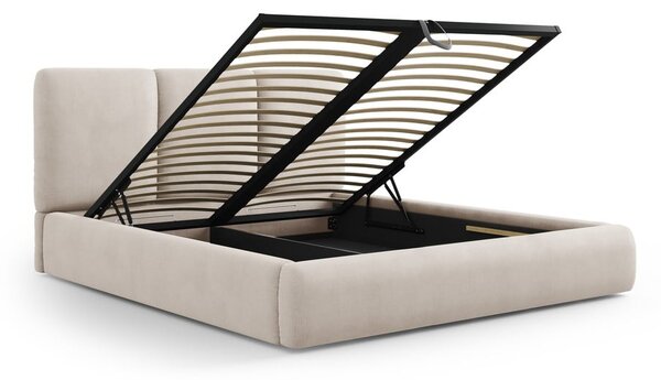 Beżowe tapicerowane łóżko dwuosobowe ze schowkiem i stelażem 180x200 cm Brody – Mazzini Beds