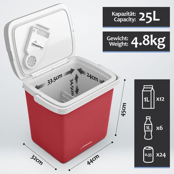 Chłodziarka elektryczna Jago 2 w 1, 25 l, czerwona
