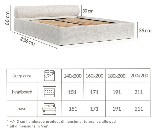 Kremowe tapicerowane łóżko dwuosobowe ze schowkiem i stelażem 140x200 cm Solvo – Maison de Rêve