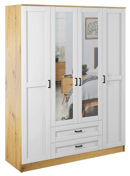 Czterodrzwiowa szafa z lustrem dąb artisan + biały E5-B29
