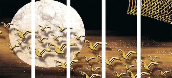 5-częściowy obraz lot ptaków podczas pełni księżyca