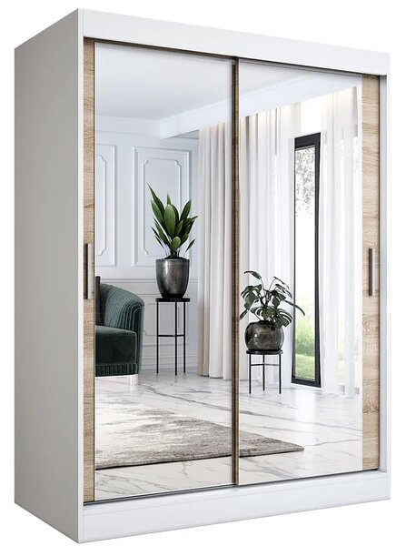 Szafa przesuwna z lustrem 150 cm biel + dąb sonoma W3-G00