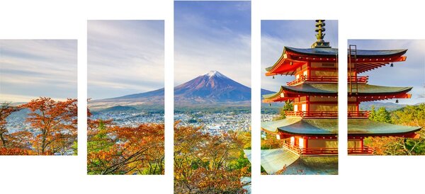 5-częściowy obraz widok na Pagodę Chureito i górę Fuji