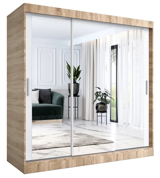 Szafa Przesuwna Biały Z Lustrem Dąb Sonoma + 200 Cm 90 Cm K8-D05
