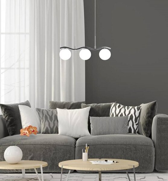 Lampa chromowa wisząca z trzema kloszami listwie na falistej N9-F83