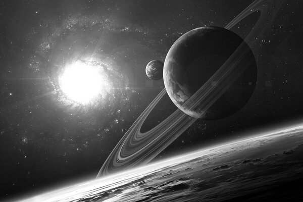Obraz planeta w kosmosie w wersji czarno-białej