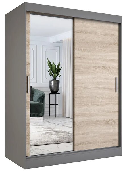 Szafa przesuwna z lustrem 150 cm antracyt + dąb sonoma N4-R77