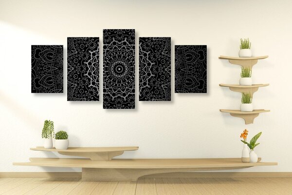 5-częściowy obraz vintage Mandala w stylu indyjskim w wersji czarno-białej