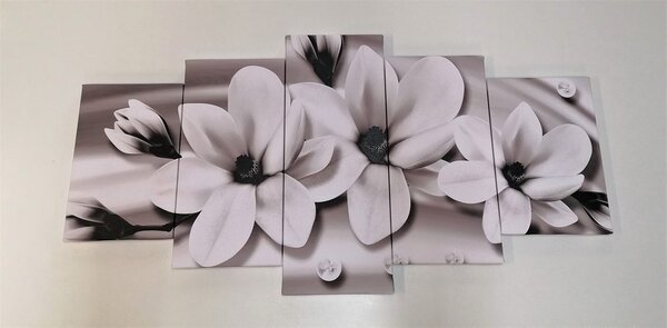 5-częściowy obraz luksusowa magnolia z perłami w wersji czarno-białej