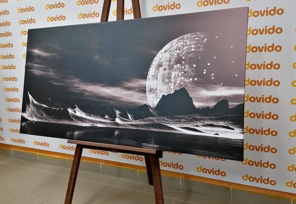 Obraz futurystyczna planeta w wersji czarno-białej