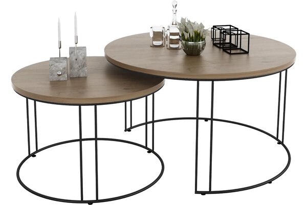 Loftowy komplet stolików kawowych czarny + dąb lancelot D9-W96
