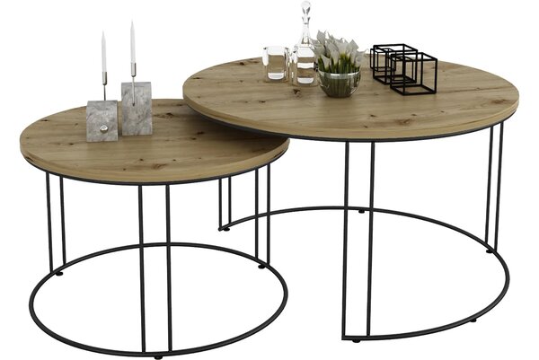 Industrialny zestaw stolików kawowych czarny + dąb artisan M8-D42