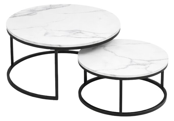 Zestaw 2 okrągłych stolików kawowych MARBLEX, czarny/biały marmur