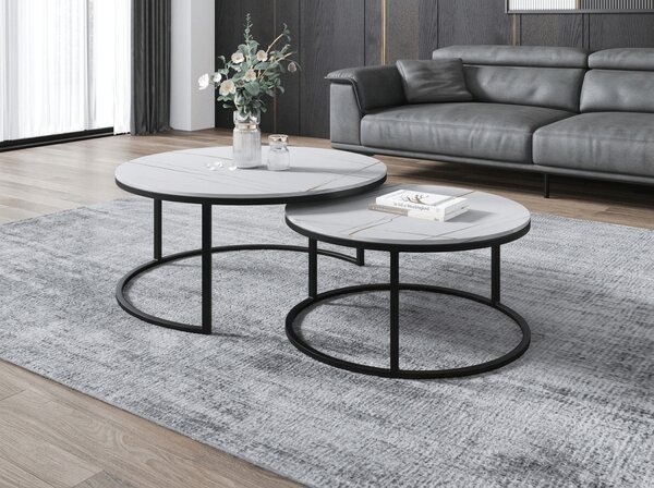 Zestaw 2 okrągłych stolików kawowych MARBLEX, czarny/biały marmur