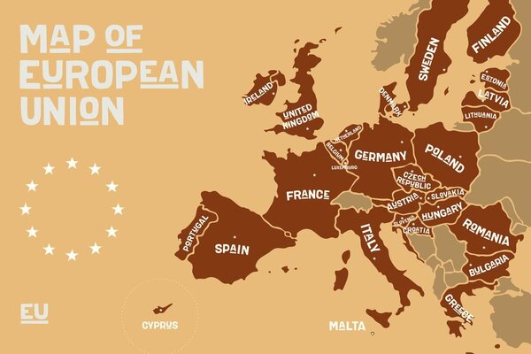 Obraz mapa edukacyjna z nazwami państw Unii Europejskiej w odcieniach brązu