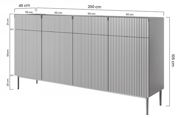 Komoda czterodrzwiowa Nicole 200 cm z szufladami z ryflowanym frontem - czarny mat / czarne nóżki