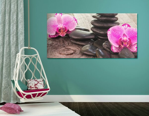 Obraz orchidea i kamienie Zen na drewnianej podstawie