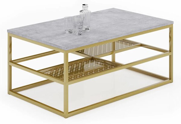 Metalowy stolik kawowy z półkami beton + złoty F8-W98