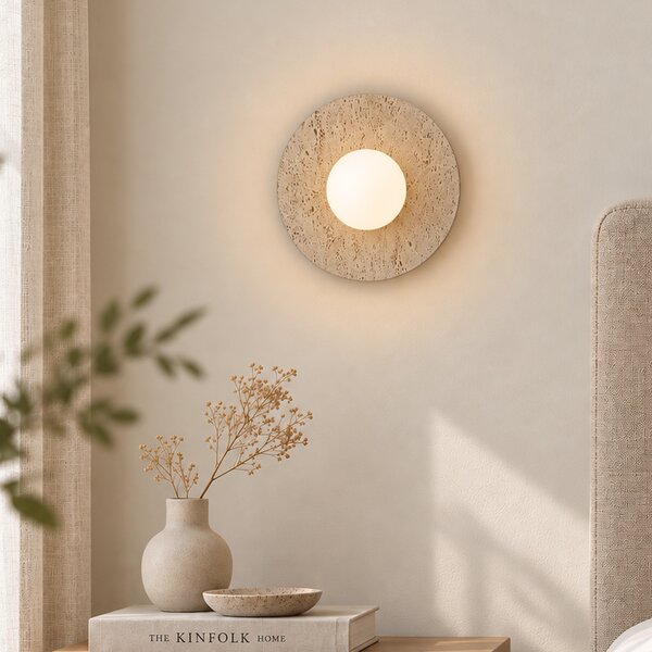 Lampa ścienna Japandi okrągła z kamienia naturalnego ze szkłem opalowym - Josie