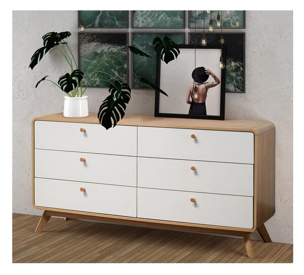 Biało-naturalna kolorze niska komoda w dekorze dębu 150x74 cm Caitlin – Støraa