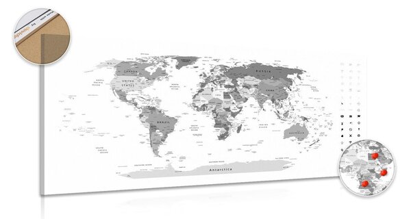 Obraz na korku szczegółowa mapa świata w wersji czarno-białej