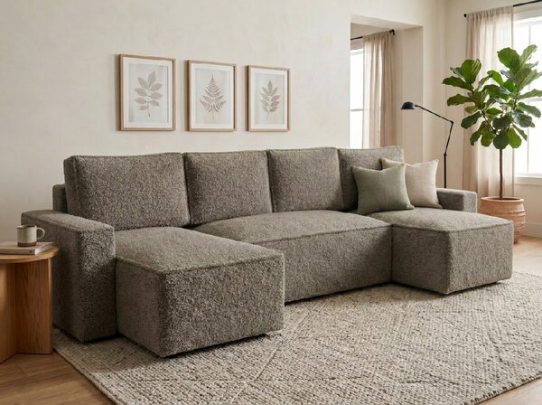 Rozkładana sofa narożna w kształcie U SMART BOUCLE 303x143 cm, szarobrązowa