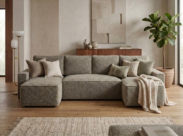 Rozkładana sofa narożna w kształcie U SMART BOUCLE 303x143 cm, szarobrązowa